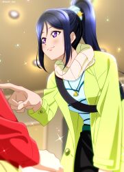 Rule 34 | 1girl, absurdres, artist name, black skirt, blue hair, coat, commentary request, dark blue hair, green coat, hair ornament, hair scrunchie, highres, indoors, isami don, jewelry, leaning forward, long hair, long sleeves, love live!, love live! sunshine!!, love live! sunshine!! the school idol movie over the rainbow, matsuura kanan, necklace, open clothes, open coat, pointing, ponytail, purple eyes, red coat, scarf, scrunchie, shell, shell necklace, shirt, skirt, solo focus, striped clothes, striped shirt, upper body, white scarf