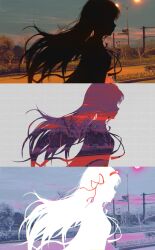 Rule 34 | 1girl, absurdres, akemi homura, cha xinzi, fence, flower, from side, hair ribbon, hairband, highres, lamppost, long hair, mahou shoujo madoka magica, outdoors, photo background, red hairband, red ribbon, ribbon, road, silhouette, street, tree, white background