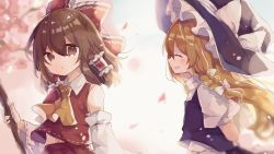 Rule 34 | 2girls, arms behind back, ascot, black headwear, black vest, blonde hair, blurry, blurry background, bow, braid, branch, brown eyes, brown hair, closed eyes, detached sleeves, grin, hair between eyes, hair bow, hair tubes, hakurei reimu, hat, hat bow, highres, holding, kirisame marisa, long hair, looking at viewer, medium hair, mina (sio0616), multiple girls, navel, nontraditional miko, petals, red bow, red shirt, ribbon-trimmed sleeves, ribbon trim, shirt, short sleeves, side braid, single braid, smile, touhou, upper body, vest, white bow, white shirt, wide sleeves, witch hat, yellow ascot, yellow eyes