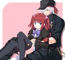 Rule 34 | 1boy, 1girl, amakusa juuza, armband, black hat, black jacket, black shirt, black thighhighs, blue eyes, blunt bangs, blunt ends, border, bow, closed mouth, collared shirt, commentary request, cross, drop shadow, eyes visible through hair, feet out of frame, frilled sleeves, frills, grey hair, hair bobbles, hair ornament, hair over one eye, half updo, hat, hetero, highres, hime cut, hug, hug from behind, jacket, juliet sleeves, knees up, long hair, long sleeves, looking at another, looking at viewer, looking down, open mouth, peaked cap, pink background, puffy sleeves, purple bow, red armband, shirt, sidelocks, simple background, sitting, sleeves rolled up, smile, thighhighs, twitter username, two side up, umineko no naku koro ni, usetsusakon2, ushiromiya ange, white border, white shirt, wide sleeves, zettai ryouiki