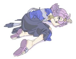 Rule 34 | 1girl, acerola (pokemon), armlet, closed mouth, creatures (company), dress, elite four, feet, flipped hair, full body, game freak, gengoru, hair ornament, lying, multicolored clothes, multicolored dress, nintendo, pokemon, pokemon sm, purple eyes, purple hair, sandals, short hair, simple background, solo, stitches, trial captain, white background