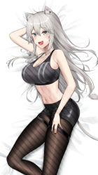 Rule 34 | 1girl, :d, ahoge, animal ear fluff, animal ears, arm behind head, arm up, bare arms, bare shoulders, black nails, black pantyhose, black shorts, blush, breasts, cleavage, collarbone, commission, crop top, dakimakura (medium), feet out of frame, grey eyes, highres, hololive, jewelry, large breasts, lion ears, lion girl, lion tail, long hair, looking at viewer, lying, nail polish, navel, necklace, on side, open mouth, pantyhose, pantyhose under shorts, pixiv commission, ri qing, shishiro botan, shishiro botan (button-down), short shorts, shorts, silver hair, smile, solo, stomach, tail, thigh strap, very long hair, virtual youtuber