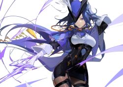 Rule 34 | 1girl, black skirt, blue hair, breasts, brown pantyhose, clorinde (genshin impact), corset, cowboy shot, genshin impact, gloves, hair over one eye, hat, highres, ian olympia, long hair, miniskirt, pantyhose, pencil skirt, purple eyes, simple background, skirt, small breasts, solo, standing, thigh strap, tricorne, very long hair, white background, white gloves