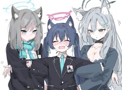 3girls :t animal_ear_fluff animal_ears black_hair black_jacket blue_archive blue_eyes blue_halo blue_necktie blue_scarf blush breasts cat_ears cat_girl cleavage closed_eyes collared_shirt commentary_request dress fang grey_hair halo ikafriiiii jacket long_sleeves multiple_girls necktie nose_blush pout scarf serika_(blue_archive) shiroko_(blue_archive) shiroko_terror_(blue_archive) shirt simple_background skin_fang upper_body white_background white_shirt wolf_ears wolf_girl