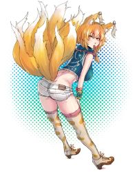 Rule 34 | 1girl, adapted costume, alternate costume, animal ears, ass, back, bare shoulders, bent over, blonde hair, bracelet, breasts, crop top, food, fox ears, fox tail, from behind, full body, halftone, halftone background, high heels, highres, jewelry, large breasts, looking at viewer, looking back, mouth hold, multiple tails, no headwear, ofuda, panzer (p.z), polka dot, polka dot background, ribbed sweater, shirt, short hair, short shorts, shorts, sleeveless, solo, sweater, tail, thighhighs, touhou, white thighhighs, yakumo ran, yellow eyes