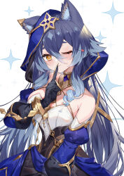Rule 34 | 1girl, ;), absurdres, animal ear fluff, animal ears, bare shoulders, black gloves, blue hair, blush, breasts, cat ears, commentary request, detached sleeves, dress, drill hair, drill sidelocks, finger to mouth, genshin impact, gloves, hair between eyes, hand up, head tilt, highres, hood, index finger raised, jewelry, juliet sleeves, kemonomimi mode, large breasts, layla (genshin impact), long hair, long sleeves, looking at viewer, neck ring, one eye closed, puffy sleeves, sidelocks, simple background, smile, solo, upper body, very long hair, white background, yellow eyes, yuia