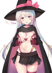 Rule 34 | 1girl, :d, ayachi nene, belt, belt bra, black cloak, black hat, black skirt, black sleeves, blush, bow, breasts, cleavage, cloak, commentary request, cowboy shot, curvy, detached sleeves, eyes visible through hair, hair between eyes, hair ribbon, hands up, hat, hat bow, head tilt, heart, highres, hip vent, large breasts, long hair, long sleeves, looking at viewer, midriff, miniskirt, navel, open mouth, pink belt, pink bow, pleated skirt, purple eyes, purunyara, ribbon, sanoba witch, simple background, skindentation, skirt, smile, solo, standing, stomach, straight-on, thighs, translation request, very long hair, white background, white hair, wide sleeves, witch hat, yellow ribbon