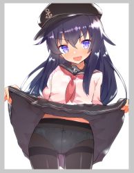 Rule 34 | &gt;:d, 1girl, :d, akatsuki (kancolle), anchor symbol, blush, border, bow, bow panties, caburi, clothes lift, commentary request, cowboy shot, flat cap, gluteal fold, hat, highres, kantai collection, lifting own clothes, long hair, looking at viewer, neckerchief, open mouth, panties, panties under pantyhose, pantyhose, purple eyes, purple hair, sailor collar, school uniform, serafuku, skirt, skirt lift, smile, solo, thighband pantyhose, underwear, v-shaped eyebrows, wavy mouth, white background