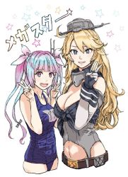 Rule 34 | 10s, 2girls, belt, blonde hair, blue hair, blunt bangs, bow, breasts, cleavage, collar, commentary request, cropped legs, double v, elbow gloves, fang, gloves, grey eyes, grin, gufu (guffuumu), hair between eyes, hair bow, hair ribbon, hand up, hands up, hat, i-19 (kancolle), iowa (kancolle), kantai collection, large breasts, long hair, looking at viewer, multicolored hair, multiple girls, one-piece swimsuit, open mouth, pink hair, ribbon, school swimsuit, shirt, sketch, smile, star-shaped pupils, star (symbol), swimsuit, symbol-shaped pupils, tied shirt, trait connection, translation request, twintails, upper body, v, white background