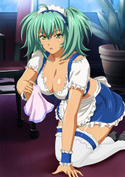 Rule 34 | 00s, 1girl, blue skirt, breasts, cleavage, collarbone, green eyes, green hair, handkerchief, ikkitousen, kneeling, large breasts, maid headdress, matching hair/eyes, ryofu housen, short twintails, skirt, solo, thighhighs, twintails, white thighhighs