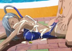 Rule 34 | 1girl, arms up, ass, ass grab, back, bare arms, bare shoulders, blue one-piece swimsuit, breast press, breasts, buttjob, buttjob over clothes, censored, clothed female nude male, code geass, cum, cum on body, cum on breasts, cum on clothes, cum on hair, cum on upper body, dark skin, facial, floor, grey hair, half-closed eyes, kneeling, kyabakurabakufu, large breasts, legs, long hair, looking back, lying, mosaic censoring, nude, on stomach, one-piece swimsuit, outdoors, penis, pool, solo focus, sweat, swimsuit, thighs, villetta nu, water, whistle, yellow eyes