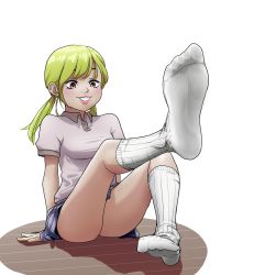 Rule 34 | 1girl, blonde hair, brown eyes, feet, highres, long hair, low twintails, parted lips, polo shirt, skirt, socks, soles, twintails, white legwear