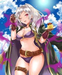 Rule 34 | 1girl, absurdres, aura, belt, bikini, blue sky, breasts, brown gloves, cape, cloud, corruption, dark aura, dark persona, day, fire emblem, fire emblem awakening, fire emblem heroes, food, gloves, grima (fire emblem), highres, holding, holding spoon, intelligent systems, large breasts, nintendo, one eye closed, open mouth, plate, possessed, possession, pudding, red eyes, robin (female) (fire emblem), robin (fire emblem), sky, solo, spoon, swimsuit, takobe, thigh strap, twintails, twitter username, white hair