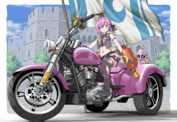 Rule 34 | 1girl, 1other, arm strap, armor, boots, braid, breasts, castle, colored inner hair, commentary request, flag, green eyes, grey thighhighs, hair over one eye, helmet, himemori luna, holding, hololive, luknight (himemori luna), medium breasts, motor vehicle, motorcycle, multicolored hair, navel, pink eyes, pink hair, purple hair, shio no.9, super soaker, thighhighs, torn clothes, torn thighhighs, tree, two-tone hair, virtual youtuber