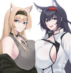 Rule 34 | 2girls, :d, absurdres, animal ear fluff, animal ears, arknights, bare shoulders, black choker, black hair, black hairband, blaze (arknights), blue eyes, breast press, breasts, cat ears, choker, commentary, grey tank top, hair ornament, hairband, hairclip, highres, horn (arknights), huge breasts, jacket, kanta (kanta 077), long hair, looking at viewer, multiple girls, off shoulder, open mouth, red hairband, simple background, smile, symmetrical docking, tank top, upper body, very long hair, white background, white jacket, white tank top, wolf ears