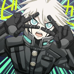 Rule 34 | 1boy, ahoge, android, armor, black gloves, blue background, danganronpa (series), danganronpa v3: killing harmony, dosugon, gloves, grey hair, k1-b0, looking at viewer, male focus, power armor, solo, sparkle, spiked hair, translation request, upper body, white background