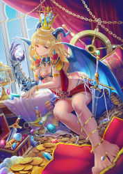 Rule 34 | 1girl, absurdres, barefoot, blonde hair, breasts, chain, coin, cross, crystal, dragon wings, artistic error, fantasy, highres, horns, huge filesize, jewelry, long hair, medium breasts, navel, oil lamp, original, red eyes, solo, sword, toes, treasure chest, weapon, wings, wrong foot, zhuang yao