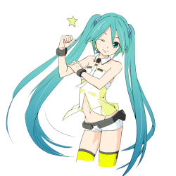 Rule 34 | 1girl, aqua eyes, aqua hair, belt, blue hair, blush, collar, commentary, contrapposto, cowboy shot, cropped legs, detached collar, gradient hair, hair ornament, hand on own arm, hatsune miku, headphones, headset, hip bones, light blush, long hair, looking at viewer, midriff, multicolored hair, navel, necktie, one eye closed, pointing, pointing at self, shirt, short shorts, shorts, smile, solo, soukun s, star (symbol), stomach, thighhighs, thumbs up, twintails, two-tone shirt, very long hair, vocaloid, lat model (mikumikudance), white background, white collar, white necktie, white shirt, white shorts, wristband, yellow (vocaloid), yellow shirt, yellow thighhighs