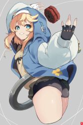 1boy absurdres bike_shorts black_gloves blonde_hair blue_eyes blue_jacket bridget_(guilty_gear) fingerless_gloves gloves grey_background guilty_gear guilty_gear_strive highres jacket johnny_(braun-kan_cafe) long_hair looking_at_viewer male_focus revision short_hair smile solo thick_thighs thighs trap yo-yo