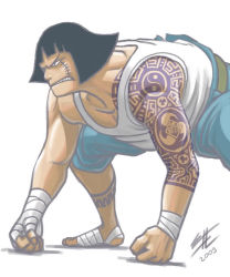 Rule 34 | 1boy, bandages, barefoot, black hair, clenched hand, fighting stance, male focus, mitsudomoe (shape), muscular, one piece, scar, sentoumaru, solo, squatting, tank top, tattoo, tomoe (symbol), white background
