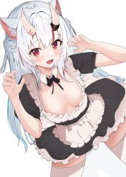 Rule 34 | 1girl, absurdres, alternate costume, animal ear fluff, animal ears, apron, black dress, breasts, cat ears, collar, detached collar, dress, fang, grey hair, highres, hololive, horns, long hair, looking at viewer, maid, maid apron, multicolored hair, nakiri ayame, oni, open mouth, red eyes, red hair, ruushe0416, skin-covered horns, skin fang, small breasts, smile, solo, streaked hair, thighhighs, virtual youtuber, white apron, white background, white collar, white thighhighs