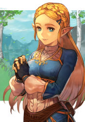 Rule 34 | 1girl, blonde hair, blue eyes, blue shirt, blue sky, braid, bright pupils, crown braid, fanny pack, fingerless gloves, gloves, hair ornament, hairclip, hungry clicker, light smile, lips, long hair, looking at viewer, nintendo, own hands clasped, own hands together, princess zelda, shirt, signature, sky, solo, the legend of zelda, the legend of zelda: breath of the wild, tree, upper body, white pupils