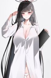 Rule 34 | 1girl, black hair, black halo, blue archive, blush, breasts, bright pupils, cleavage, collarbone, gluteal fold, hair ornament, hairclip, halo, hand in own hair, highres, holding, holding tablet pc, huge breasts, long hair, looking at viewer, loose clothes, loose shirt, nenight, oversized clothes, oversized shirt, panties, red eyes, rio (blue archive), shirt, simple background, smile, solo, suggestive fluid, tablet pc, underwear, very long hair, white background, white panties, white pupils