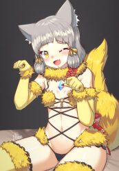 Rule 34 | 1girl, ;d, alten, alternate color, alternate costume, animal ears, arched bangs, blunt bangs, blush, breasts, cameltoe, cat ears, cosplay, elbow gloves, facial mark, fang, fate/grand order, fate (series), flat chest, fur-trimmed thighhighs, fur bikini, fur collar, fur trim, gloves, grey hair, looking at viewer, mash kyrielight, mash kyrielight (cosplay), mash kyrielight (dangerous beast), mash kyrielight (dangerous beast) (cosplay), navel, nia (xenoblade), one eye closed, open mouth, paw pose, ribbon, short hair, skin fang, small breasts, smile, solo, spoilers, stomach, tail, thighhighs, wolf tail, xenoblade chronicles (series), xenoblade chronicles 2, yellow eyes, yellow gloves, yellow tail, yellow thighhighs