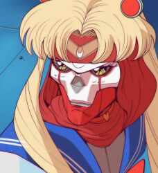 Rule 34 | 1boy, absurdres, animification, apex legends, bishoujo senshi sailor moon, black sclera, blonde hair, classic revenant, colored sclera, commentary, cosplay, english commentary, frown, heart, highres, humanoid robot, long hair, looking to the side, male focus, meme, parody, parted bangs, red scarf, revenant (apex legends), robot, sailor moon, sailor moon (cosplay), sailor moon redraw challenge (meme), scarf, simulacrum (titanfall), solo, twintails, vinegar and soda, yellow eyes