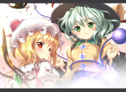 Rule 34 | 2girls, :o, bad id, bad pixiv id, blonde hair, bug, butterfly, female focus, flandre scarlet, glowing, green eyes, green hair, hat, heart, insect, kimitoshiin, komeiji koishi, letterboxed, looking back, multiple girls, red eyes, short hair, smile, touhou, wavy hair, wings