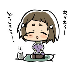 Rule 34 | 10s, 1girl, blush stickers, brown hair, chibi, cushion, closed eyes, hair ornament, hairclip, kantai collection, lowres, myoukou (kancolle), open mouth, personification, short eyebrows, short hair, sitting, solo, tea, translated, urakata hajime
