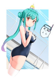 Rule 34 | 1girl, absurdres, alternate breast size, animal, animal on head, ass, asymmetrical hair, bird, bird on head, blue one-piece swimsuit, blush, breasts, chick, double bun, dutch angle, fandead (uruha rushia), gradient hair, green hair, hair bun, highres, hololive, komasi, large breasts, looking at viewer, multicolored hair, name tag, new school swimsuit, on head, one-piece swimsuit, pink hair, piyoko (uruha rushia), pool, poolside, red eyes, school swimsuit, smile, solo focus, swimsuit, thighhighs, twintails, uneven twintails, uruha rushia, v-shaped eyebrows, virtual youtuber, white thighhighs