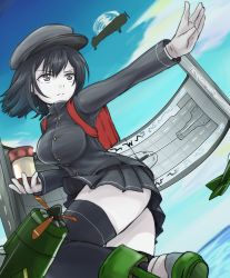 Rule 34 | 10s, 1girl, aircraft, airplane, akitsu maru (kancolle), black hair, black skirt, black thighhighs, blue sky, breasts, buttons, cloud, colored skin, day, gloves, grey eyes, gyrocopter, hat, holding, kantai collection, lantern, large breasts, leg up, long sleeves, military, military uniform, miniskirt, nekoperon, outdoors, outstretched arm, pale skin, peaked cap, pleated skirt, scroll, short hair, skirt, sky, solo, thighhighs, uniform, water, white gloves, white skin, zettai ryouiki