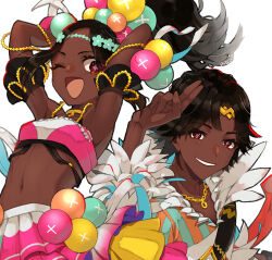Rule 34 | 1boy, 1girl, ;d, armpits, arms up, brother and sister, brown hair, dark-skinned female, dark-skinned male, dark skin, fire emblem, fire emblem engage, fogado (fire emblem), hair ornament, highres, long hair, looking at viewer, midriff, navel, nintendo, one eye closed, open mouth, red eyes, short hair, siblings, smile, star-shaped pupils, star (symbol), symbol-shaped pupils, timerra (fire emblem), upper body, white background, yachimata 1205