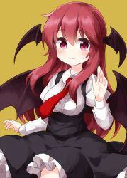 Rule 34 | 1girl, bat wings, black dress, black wings, blush, breasts, buttons, closed mouth, collared shirt, dress, hair between eyes, head wings, highres, koakuma, long hair, long sleeves, looking at viewer, medium breasts, necktie, red eyes, red hair, red necktie, ruu (tksymkw), shirt, simple background, smile, solo, touhou, white shirt, wings, yellow background