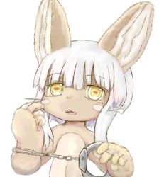 Rule 34 | 10s, artist request, brown eyes, rabbit, furry, handcuffed, made in abyss, nanachi (made in abyss), open mouth, smile, white hair