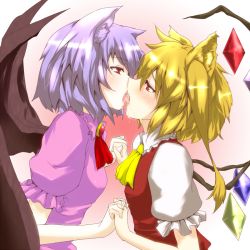 Rule 34 | 2girls, animal ears, bat wings, blonde hair, blush, couple, eye contact, female focus, flandre scarlet, french kiss, holding hands, incest, interlocked fingers, kemonomimi mode, kiss, looking at another, multiple girls, ponytail, purple hair, red eyes, remilia scarlet, saliva, short hair, siblings, side ponytail, silver hair, sisters, soubi, tongue, touhou, wings, yuri