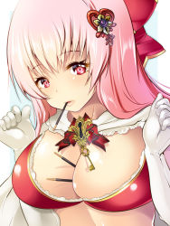 Rule 34 | 1girl, blush, bow, breasts, cape, cleavage, elbow gloves, food, food between breasts, food in mouth, gloves, hair bow, hair ornament, large breasts, long hair, looking at viewer, maki (seventh heaven maxion), original, parted lips, pink eyes, pink hair, pocky, pocky day, red bow, smile, solo, upper body, white gloves