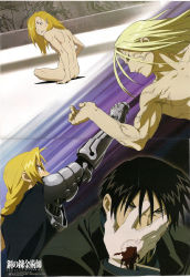Rule 34 | 3boys, alphonse elric, amestris military uniform, androgynous, arm support, automail, back, black coat, black hair, blind, blonde hair, blood, blood on clothes, blue jacket, braid, cheekbones, coat, completely nude, dimples of venus, door, dutch angle, edward elric, emaciated, empty eyes, expressionless, face-to-face, facing viewer, father (fma), fighting, frown, full body, fullmetal alchemist, gloves, grin, hair over one eye, hand on own face, hand up, highres, jacket, long hair, looking afar, looking back, male focus, messy hair, military, military uniform, multiple boys, nude, official art, outstretched arm, parted lips, pectorals, profile, roy mustang, shadow, shoulder blades, sitting, smile, spine, tareme, uniform, veins, white gloves, wide-eyed, yellow eyes