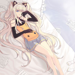 Rule 34 | 1girl, animal ears, bad id, bad pixiv id, bed, blonde hair, blue eyes, cat ears, elbow gloves, enk, gloves, highres, legs, long hair, lying, on back, pillow, seeu, skirt, smile, solo, very long hair, vocaloid, wince