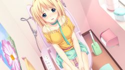 Rule 34 | 10s, 1girl, aqua eyes, belt, blonde hair, blue eyes, blush, breasts, flower, game cg, green scarf, green skirt, hair ribbon, hands on own knees, highres, kagurazaka namine, koutaro, long hair, looking at viewer, open mouth, pee, peeing, poster (object), red ribbon, ribbon, scarf, shirt, sitting, skirt, solo, sunlight, tears, toilet, toilet paper, toilet use, towel, tropical kiss, tropical vacation, twinkle (company), window, yellow shirt