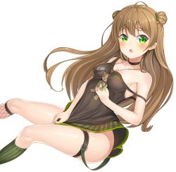 Rule 34 | 1girl, 2drr, asymmetrical legwear, breasts, brown hair, camisole, double bun, fishnet kneehighs, fishnets, girls&#039; frontline, green eyes, hair bun, highres, kneehighs, long hair, looking at viewer, medium breasts, mismatched legwear, open mouth, rfb (girls&#039; frontline), simple background, smile, socks, solo, strap slip, striped clothes, striped socks, thigh strap, vertical-striped clothes, vertical-striped socks, white background