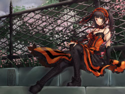 Rule 34 | 1girl, absurdres, black footwear, black hair, black pantyhose, black sleeves, boots, breasts, choker, cleavage, cloud, cloudy sky, cross-laced footwear, date a live, day, detached sleeves, dress, floating hair, frilled dress, frills, full body, gothic lolita, hairband, hand on own knee, heterochromia, highres, knee boots, lace-up boots, lolita fashion, lolita hairband, long hair, long sleeves, medium breasts, morh, orange dress, outdoors, pantyhose, platform boots, platform footwear, red eyes, red ribbon, ribbon, sitting, sky, sleeveless, sleeveless dress, solo, tokisaki kurumi, twintails, yellow eyes