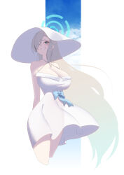 Rule 34 | 1girl, absurdres, alternate costume, asuna (blue archive), bare shoulders, blonde hair, blue archive, blue eyes, blue halo, blue sky, breasts, bunpil, cleavage, cloud, collarbone, commentary request, day, dress, hair over one eye, halo, hat, highres, large breasts, long hair, looking at viewer, simple background, sky, sleeveless, sleeveless dress, smile, solo, thighs, two-tone background, very long hair, white background, white dress, white hat