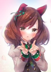 Rule 34 | 1girl, :o, animal ears, black dress, blush, bow, brown eyes, brown hair, commentary request, dress, green bow, grey shirt, hair between eyes, hair bow, hands up, highres, horse ears, juliet sleeves, ko yu, long sleeves, looking at viewer, multicolored hair, nice nature (umamusume), parted lips, puffy sleeves, shirt, sleeveless, sleeveless dress, solo, streaked hair, twintails, umamusume, umapyoi densetsu, upper body