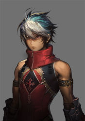 Rule 34 | 1boy, bare shoulders, blue hair, brown eyes, brown hair, gauntlets, heroes lore v, male focus, multicolored hair, repi, scarf, sleeveless, sleeveless turtleneck, solo, turtleneck, white hair, zipper