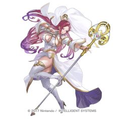 Rule 34 | 1girl, bare shoulders, braid, breasts, cleavage, curvy, earrings, fire emblem, fire emblem heroes, full body, holding, holding staff, jewelry, large breasts, loki (fire emblem), long hair, looking at viewer, maeshima shigeki, mage staff, nintendo, official alternate costume, official art, purple eyes, purple hair, smile, staff, thighhighs, thighs, veil