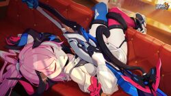 Rule 34 | 1girl, black gloves, breasts, chinese commentary, closed eyes, couch, detached sleeves, gloves, hair between eyes, highres, holding, holding weapon, honkai (series), honkai impact 3rd, indoors, long hair, official art, official wallpaper, on couch, open hand, open mouth, pink hair, rozaliya olenyeva, rozaliya olenyeva (fervent tempo), sleeping, small breasts, solo, sunlight, thigh strap, thighhighs, weapon, white sleeves
