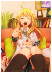 Rule 34 | 1girl, :d, ahoge, black socks, blonde hair, blurry, cake, depth of field, closed eyes, feeding, food, foreshortening, fork, gift, happy, highres, hitoto, hoshii miki, idolmaster, idolmaster (classic), incoming food, kneehighs, knees, long hair, looking at viewer, necktie, open mouth, outstretched hand, plaid, plaid skirt, pleated skirt, pov feeding, shirt, sitting, skirt, smile, socks, solo