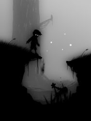Rule 34 | 1boy, bug, corpse, dark, fly, glowing, glowing eyes, grass, greyscale, bug, limbo (game), male focus, monochrome, plant, rotting, shorts, silhouette, spikes, tree, trickysoldier, vines